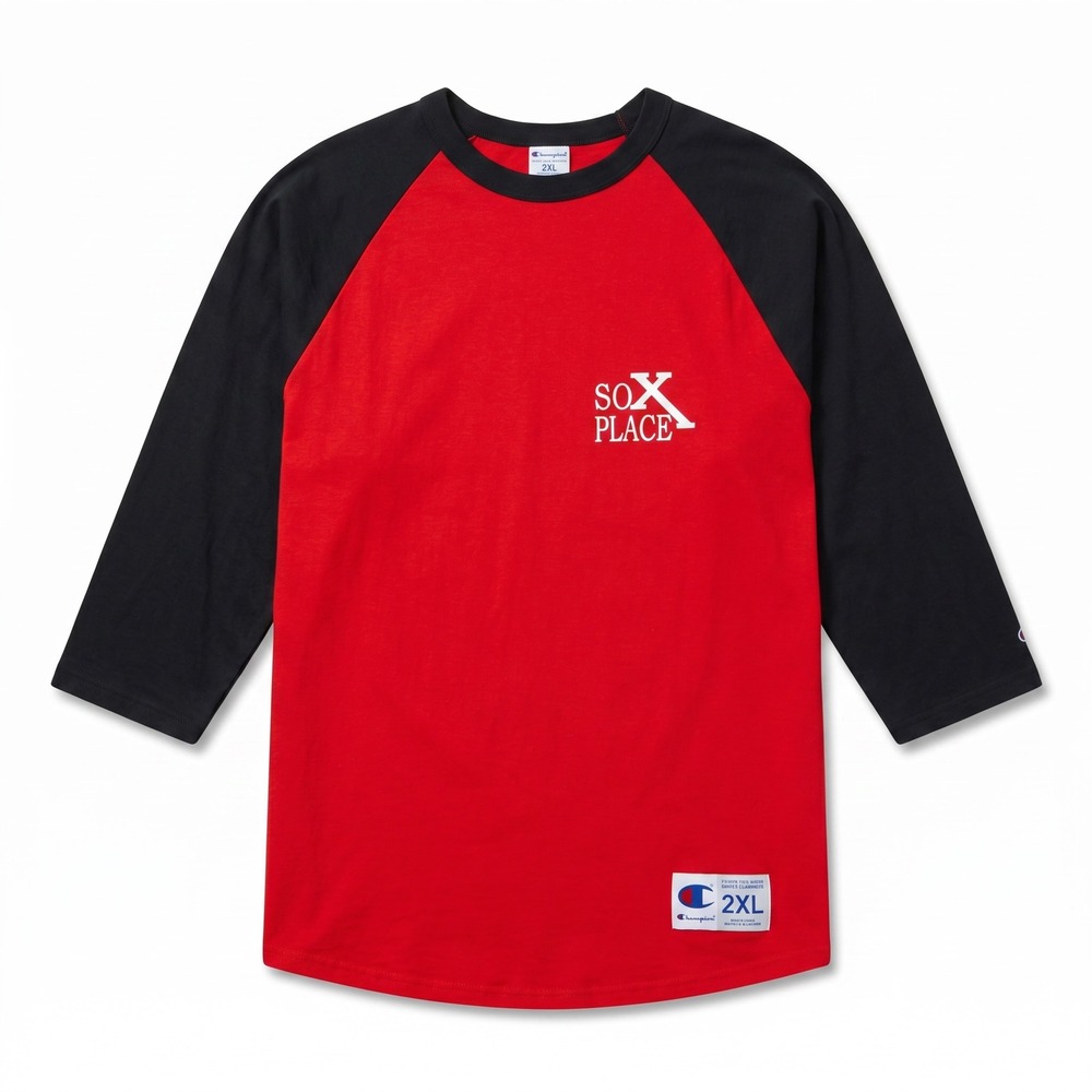 Champion Raglan Baseball Tee Mens 2XL Red Black Excellent Sox Place Graphic